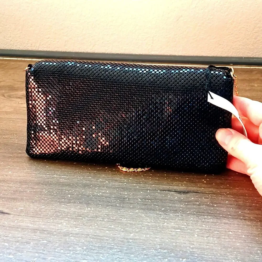 Kate Landry Black Sequin Clutch Purse With Gold Chain Shoulder Strap